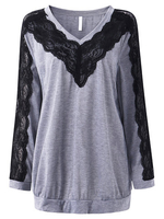 Casual Lace Stitching V-Neck Long Sleeve T-Shirt For Women