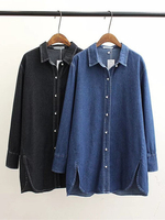 Casual Lapel Long Sleeve Split Hem Denim Shirt For Women