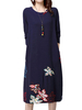 Casual Leaf Embroidery Pocket O-Neck Long Sleeve Dress For Women
