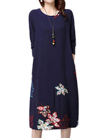Casual Leaf Embroidery Pocket O-Neck Long Sleeve Dress For Women
