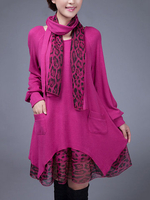 Casual Leopard Patchwork Fake Two-Pieces Mini Dress With Scarf For Women