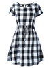 Casual Linen Drawstring Check Short Sleeve Round Neck Mini Dress