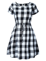 Casual Linen Drawstring Check Short Sleeve Round Neck Mini Dress