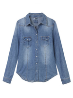 Casual Long Sleeve Button Blue Denim Shirt For Women