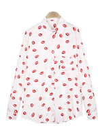 Casual Long Sleeve Lips Printed Chiffon V-Neck Blouse