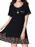 Casual Loose Black Floral Short Sleeves O-neck Dress