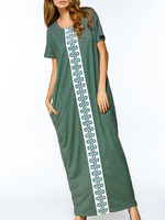 Casual Loose Embroidered Short Sleeve O-neck Women Maxi Dress