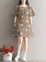 Casual Loose Floral Print Pocket Short Sleeve O-neck Women Dress
