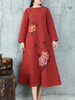 Casual Loose Flower Printed O-Neck Long Sleeve Women Dresses