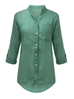 Casual Loose Long Sleeve V Neck Pocket Linen Women Blouse