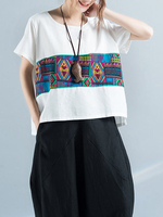 Casual Loose Patchwork O-Neck Short Sleeve Women T-Shirts