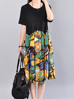 Casual Loose Patchwork Printed O-Neck Short Sleeve Women Dresses