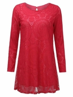 Casual Loose Pure Color Lace Long Sleeve Round Neck Dress