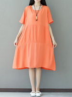 Casual Loose Pure Color Short Sleeve O-neck Dress For Women