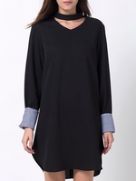 Casual Loose Slit Hem Long Sleeve V-neck Women Mini Dress
