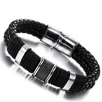 Casual Man Bracelet Handmade Leather Black Weaved Double Layer Bracelet
