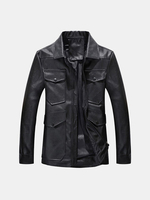 Casual Multi-Pockets Motorcycle PU Leather Jacket Slim Fit Turn-Down Collar Coat For Men