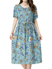 Casual O-neck Elastic Waist Floral Printed Dresses For Women