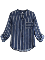 Casual O-Neck Long Sleeve Pocket Single Breasted Stripe Blouse