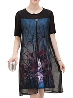 Casual O-neck Short Sleeves Chiffon Fake Two Pieces Dresses For Women