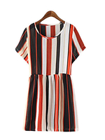 Casual O-neck Short Sleeves Loose Striped Printed Dresses