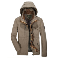 Casual Outdoor Cotton Multi-Pocket Solid Color Detachable Hood Jacket For Men