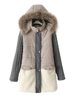 Casual Patchwork Fur Hooded Long Sleeve Thicken Cotton Coat