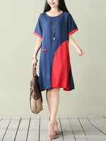 Casual Patchwork Irregular Loose Short Sleeve O-neck Women Dress