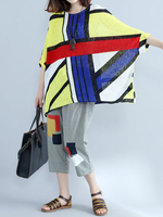 Casual Patchwork Print Loose Half Sleeve O-neck T-shirt For Women