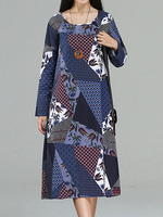 Casual Patchwork Printed Vintage Women O Neck Long Sleeve Dress