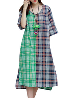 Casual Plaid Color Contrast Half Sleeve Side Split High Low Dress For Women