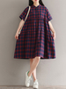 Casual Plaid Loose Button Fly O-Neck Short Sleeve Women Dresses