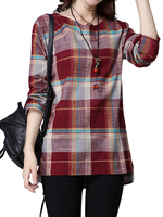 Casual Plaid O-Neck Long Sleeve High Low Blouse For Women