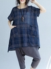 Casual Plaid Print Loose Irregular Short Sleeve O-neck Women T-shirt