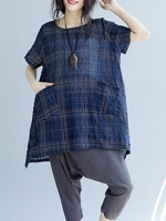 Casual Plaid Print Loose Irregular Short Sleeve O-neck Women T-shirt