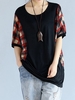 Casual Plaid Print Patchwork Loose Half Sleeve O-neck Women T-shirt