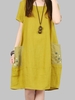 Casual Pocket Button Decorate Short Sleeve O-neck Dress For Women