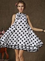 Casual Polka Dot Print Layered Tie Neck Loose Dress For Women