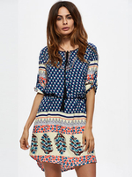 Casual Print Loose Adjustable Sleeve O-neck Mini Dress For Women