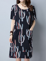 Casual Print Loose Pocket Short Sleeve O-neck Dress For Women