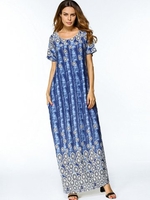 Casual Print Loose Short Sleeve O-neck Maxi Dress For Women