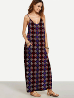 Casual Print Loose Spaghetti Strap V-neck Maxi Dress For Women
