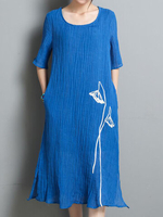 Casual Print Loose Split Half Sleeve O-neck Dress For Women