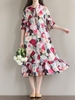 Casual Print Loose Tie Long Sleeve O-neck Maxi Dress For Women