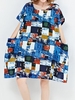 Casual Print Patchwork Pocket Loose Short Sleeve O-neck Women Dress