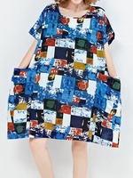 Casual Print Patchwork Pocket Loose Short Sleeve O-neck Women Dress