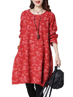 Casual Printed Long Sleeve O Neck Women Cotton Dress
