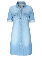 Casual Pure Color Lapel Button Half Sleeve Denim Shirt Dress For Women
