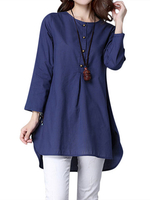 Casual Pure Color Long Sleeve O-Neck Split High Low Blouse For Women
