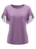 Casual Pure Color Tassel Patchwork O-Neck T-Shirt For Women